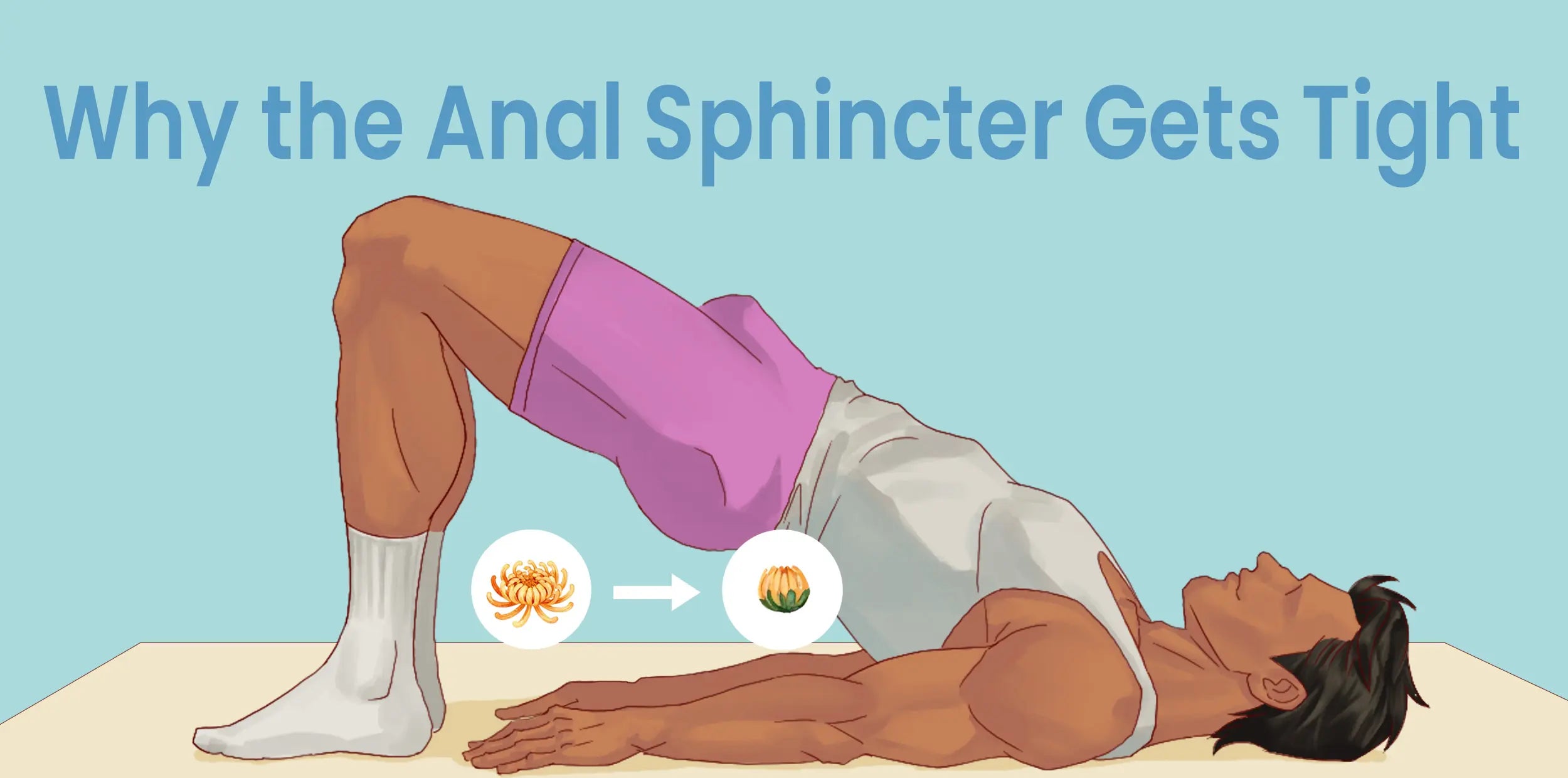 Illustration of a man doing a glute bridge on a mat, with a flower closing from open to bud to show the anal sphincter tightening and relaxing