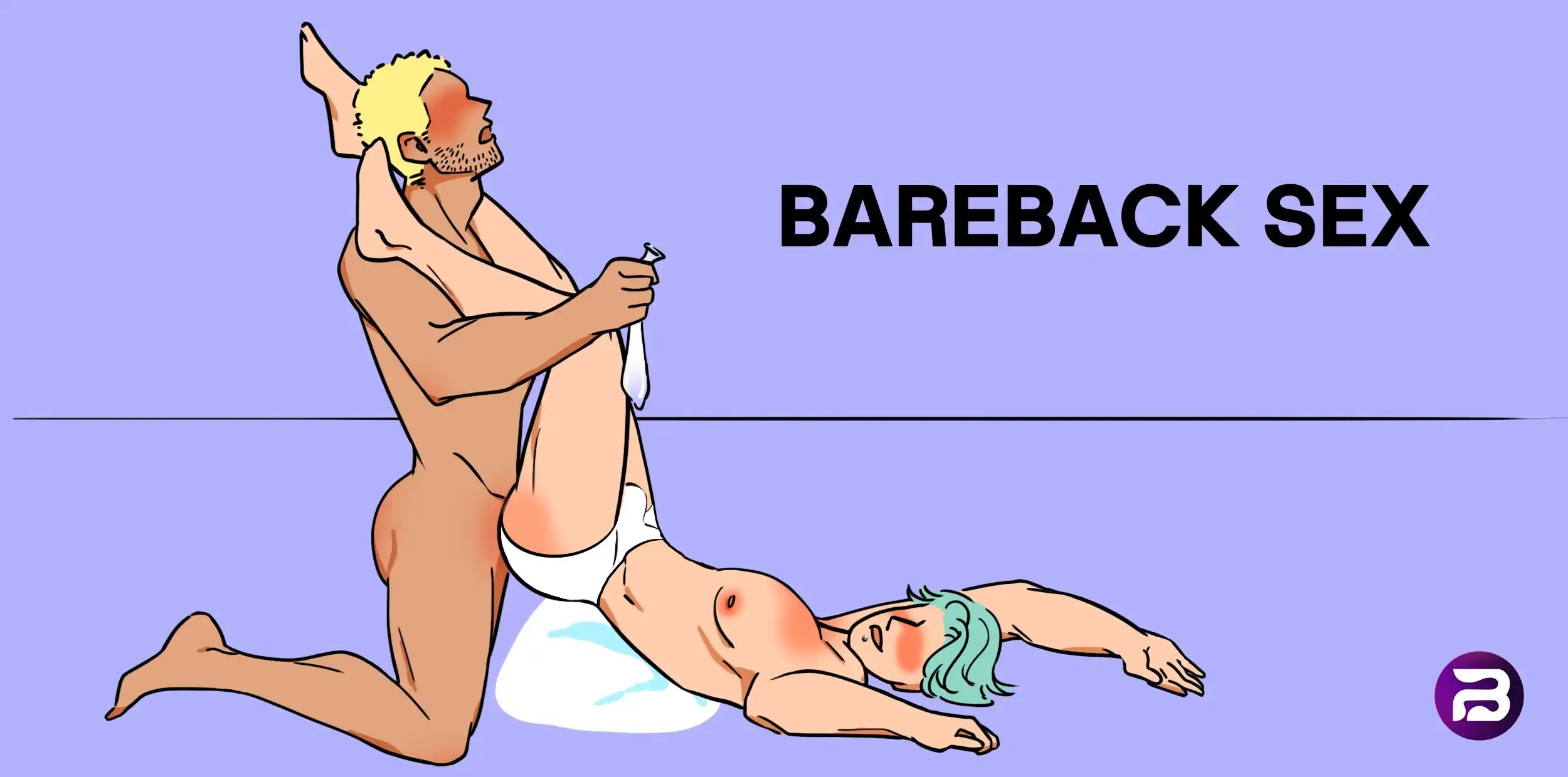 Gay couple practicing bareback sex with condom removal, highlighting safety discussion