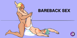 Gay couple practicing bareback sex with condom removal, highlighting safety discussion