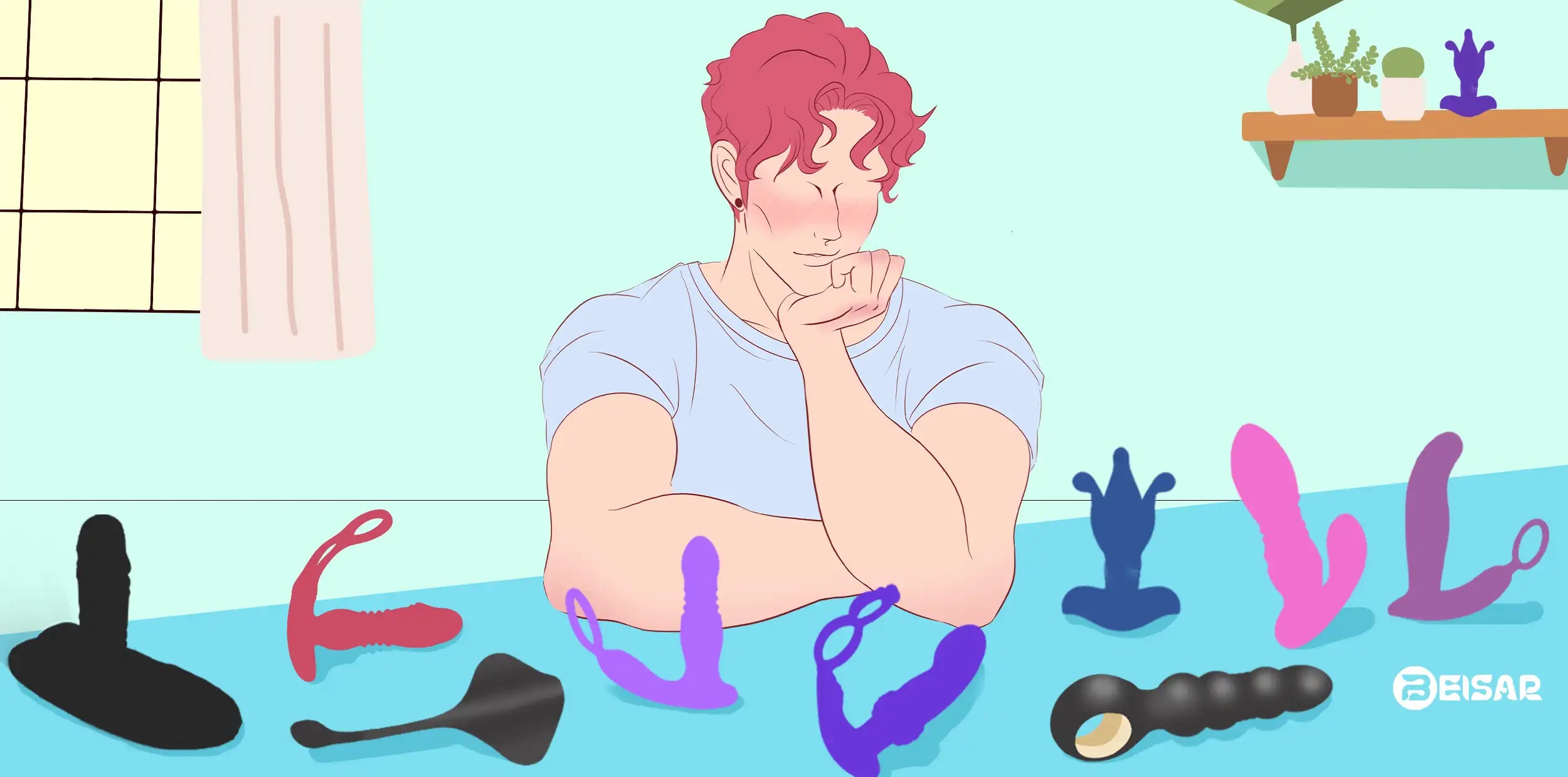 Man selecting beginner-friendly BEISAR anal toys from collection