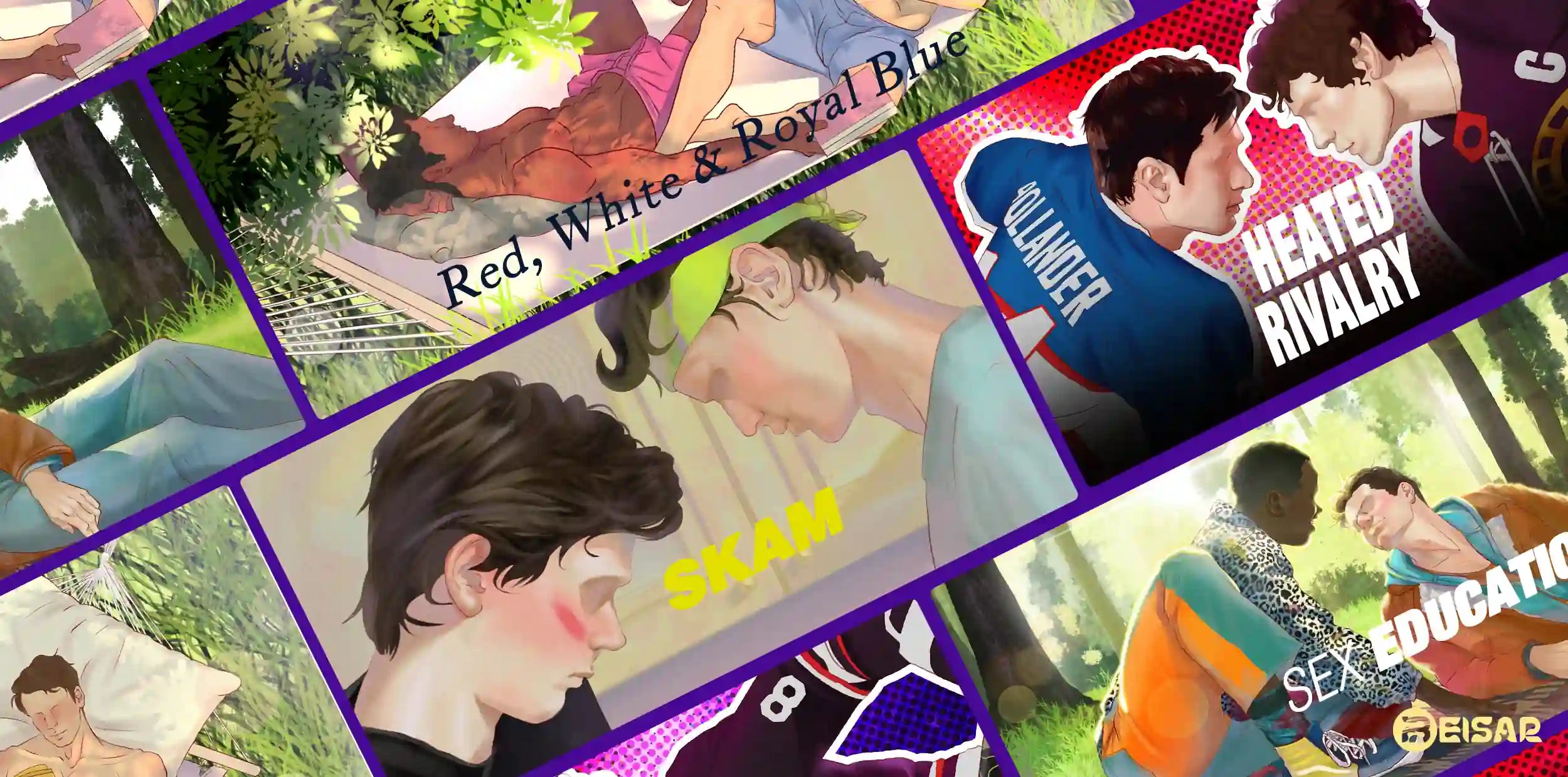 Illustrated collage of the best LGBTQ+ TV shows including SKAM, Heated Rivalry, Red White and Royal Blue, and Sex Education — curated by BEISAR