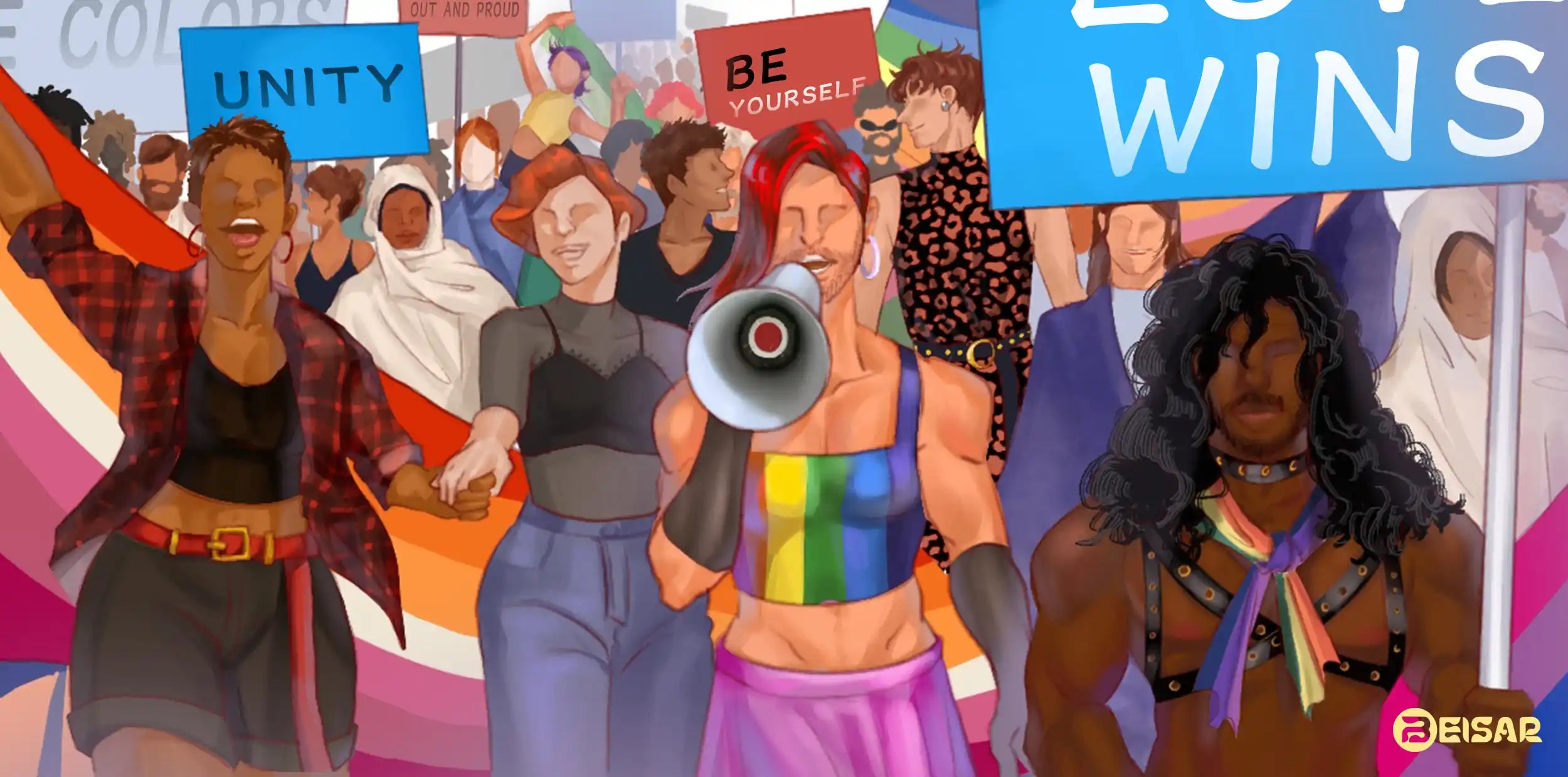 BEISAR illustration of a diverse crowd celebrating Pride Month 2026 with rainbow flags and signs reading Unity, Be Yourself, and Love Wins