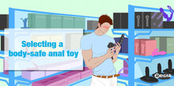 Man comparing BEISAR body-safe anal toys in specialty store