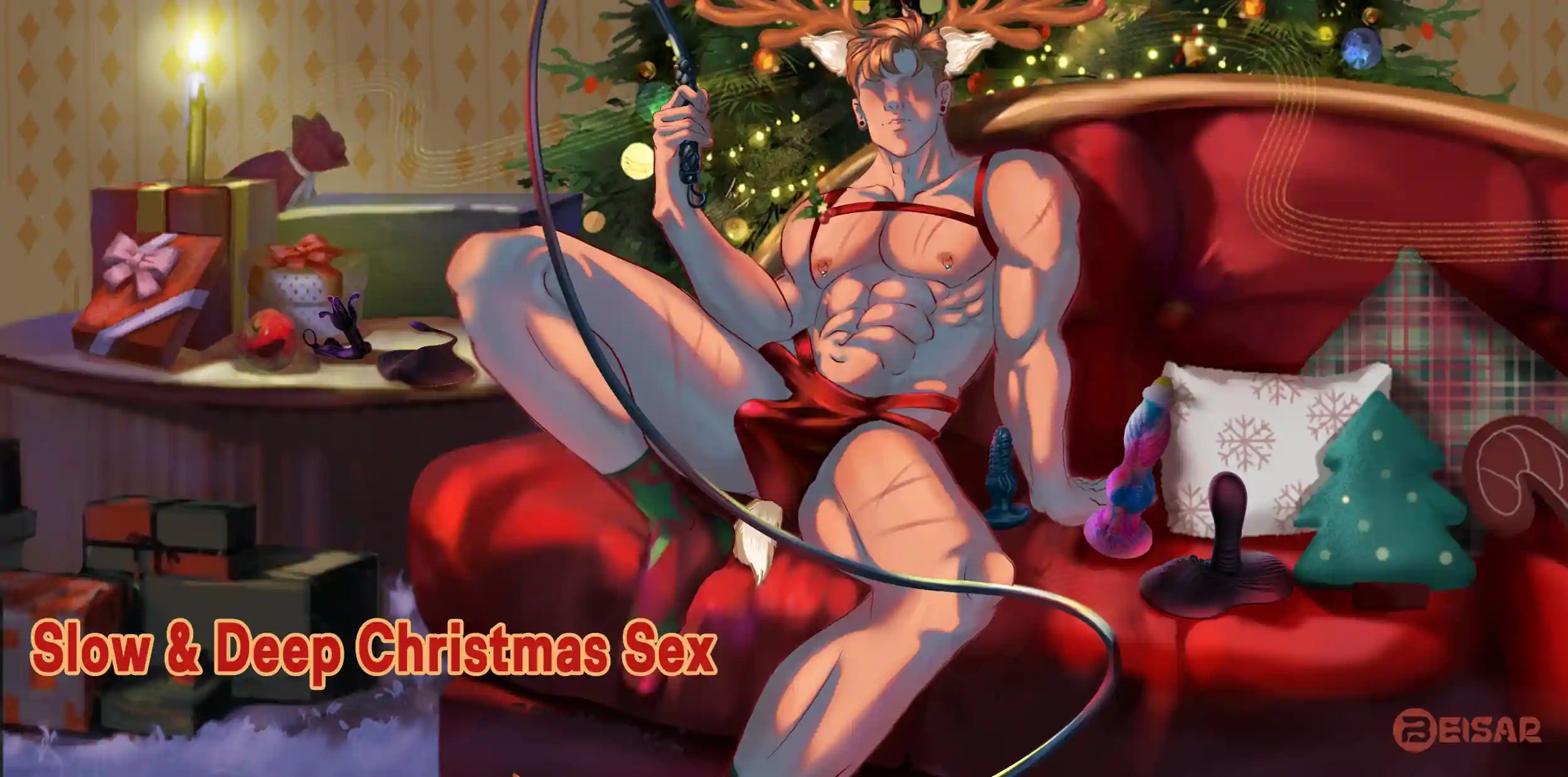 Man in festive antlers and underwear holding a whip amidst BEISAR products by a Christmas tree - BEISAR guide to intimate holiday sex ideas