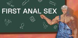 A muscular teacher-style character pointing to chalk-drawn anal toys, symbolizing first-time anal sex education