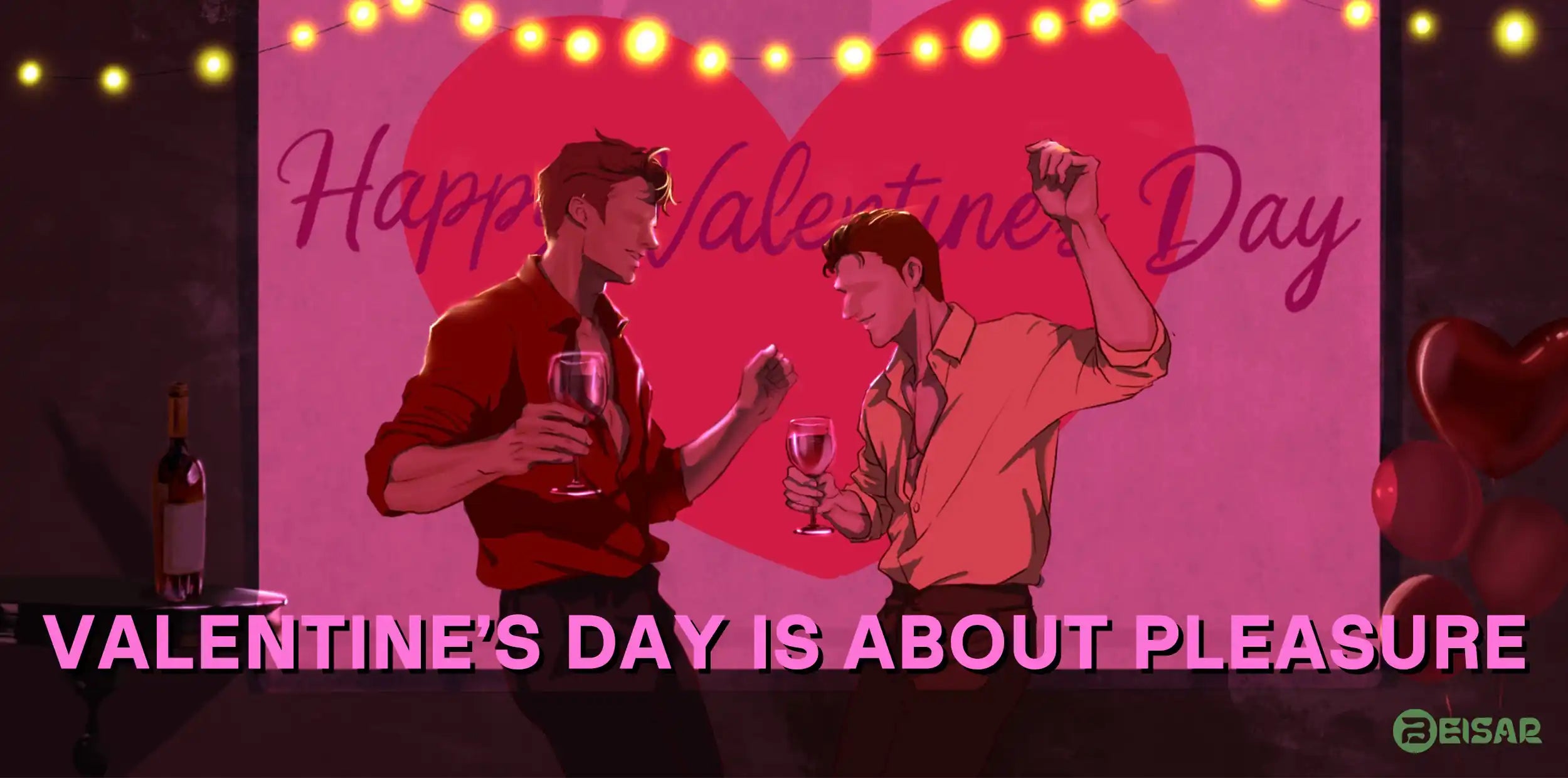 Gay couple dancing intimately with wine glasses under warm Valentine's Day lighting - BEISAR guide to romantic connection and pleasure