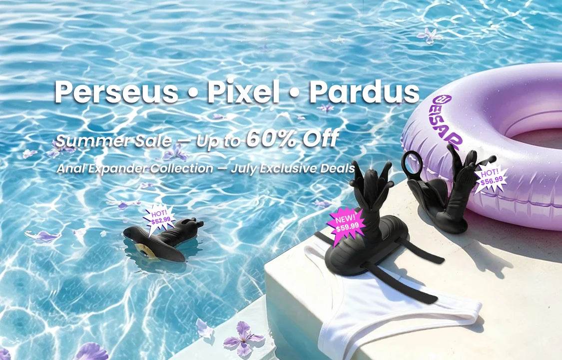 BEISAR Summer Sale mobile category banner featuring Perseus Pixel and Pardus Anal Expander Collection July exclusive deals up to 60 percent off