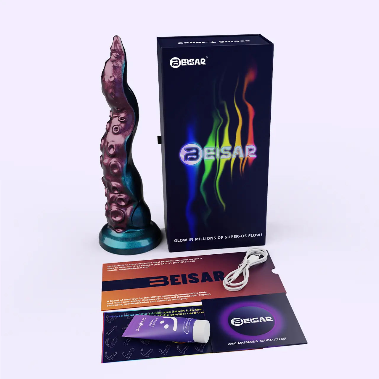 BEISAR Fyrex Squirming Fantasy Dildo with product packaging and included accessories