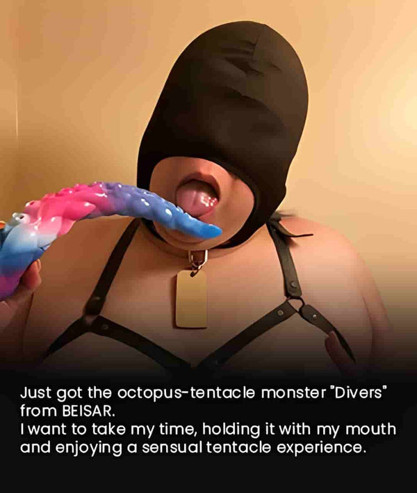 nikubenki slave holding beisar divers octopus tentacle toy with a sensual mouth interaction