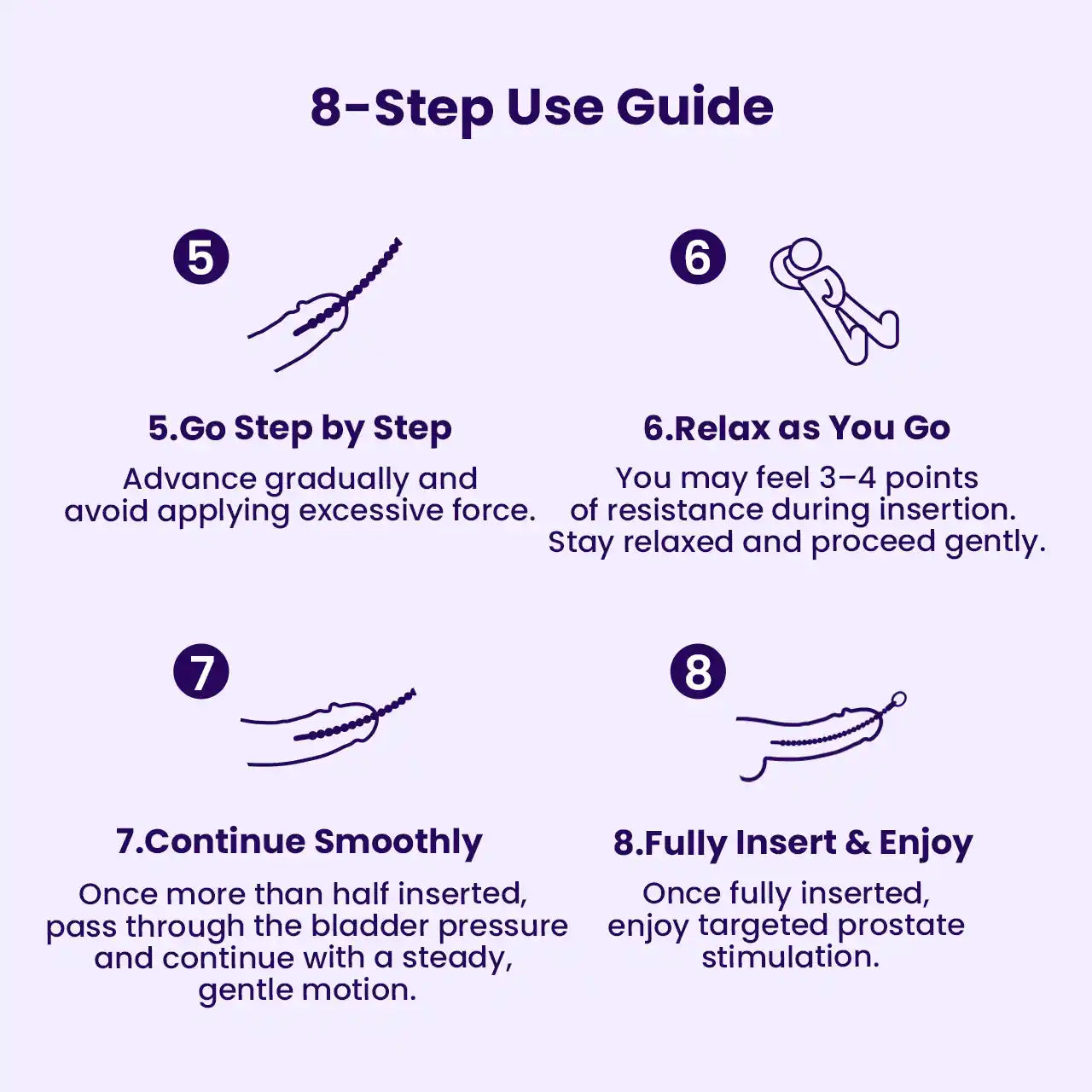 BEISAR Priapus urethral sound illustrated usage guide showing steps 5 through 8