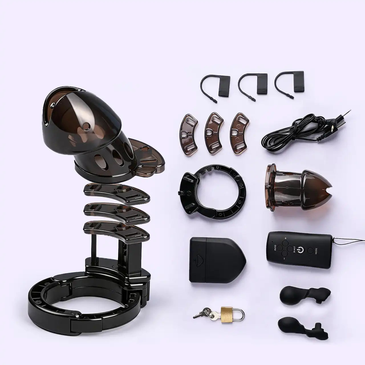BEISAR Prometheus male chastity cage displaying all components, adjustable parts and design details