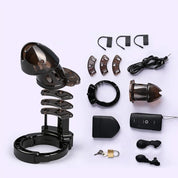 BEISAR Prometheus male chastity cage displaying all components, adjustable parts and design details