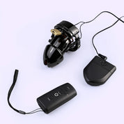 BEISAR Prometheus E-Stim chastity cage displayed with power controller and remote control